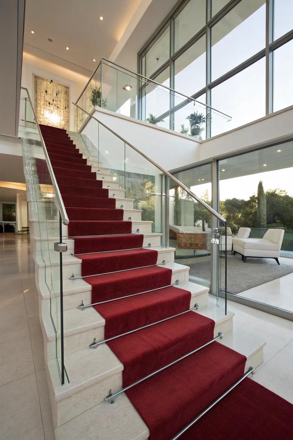An opulent carpet runner elevates this staircase into an inviting focal point.
