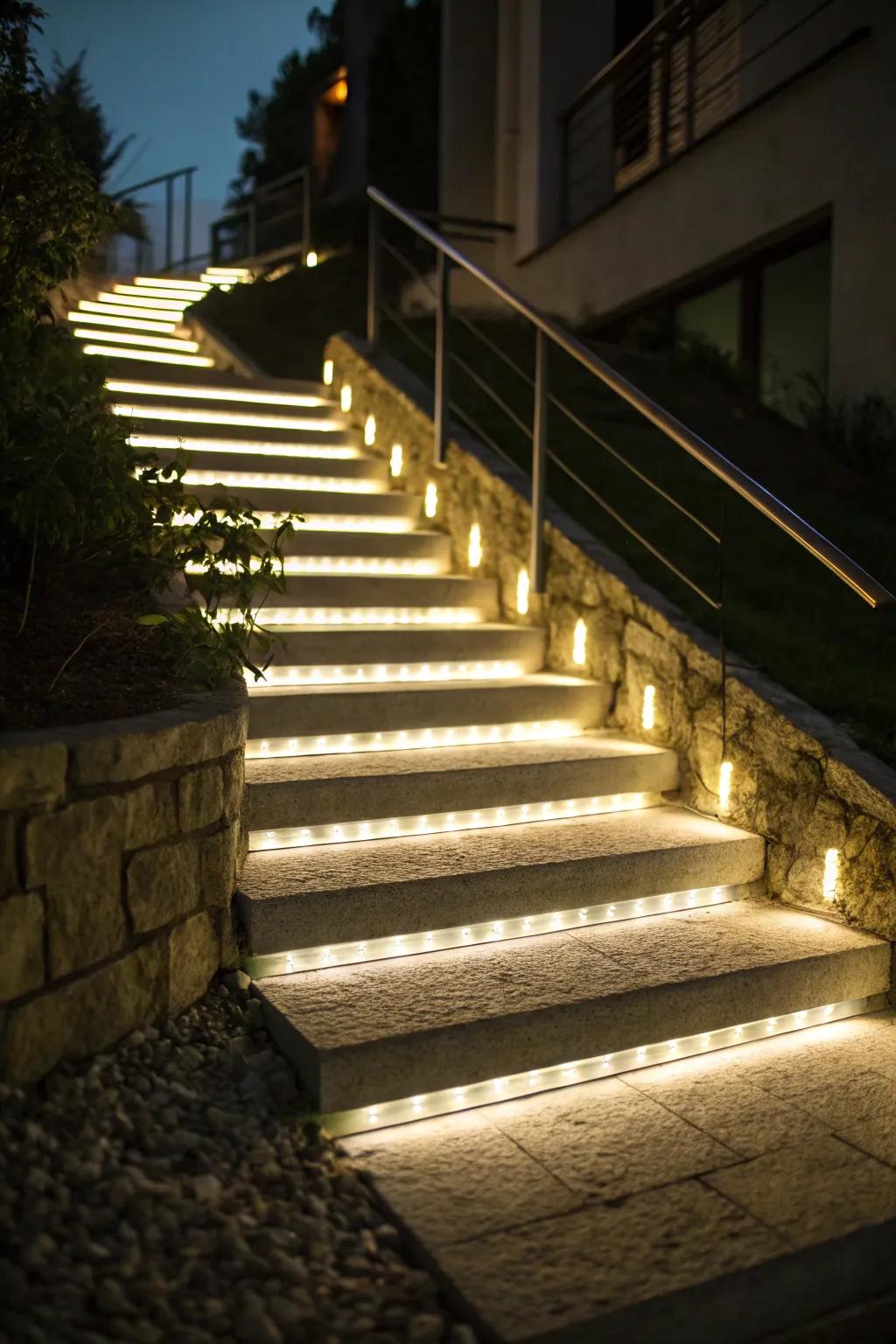 Under-step lighting creates a captivating floating effect.
