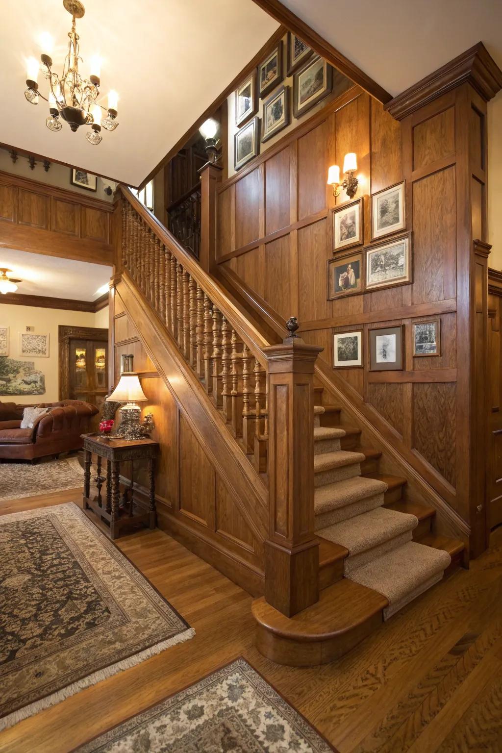 Classic wood panelling adds timeless opulence to any staircase.