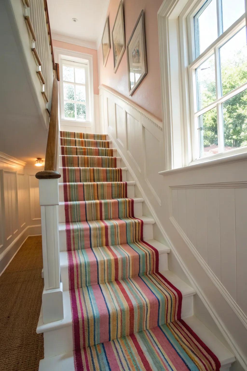 A timeless striped stair overlay brings enduring elegance to any staircase.