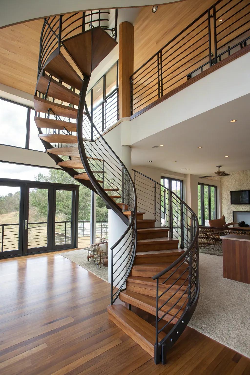 A commanding spiral staircase that doubles as a striking architectural statement.