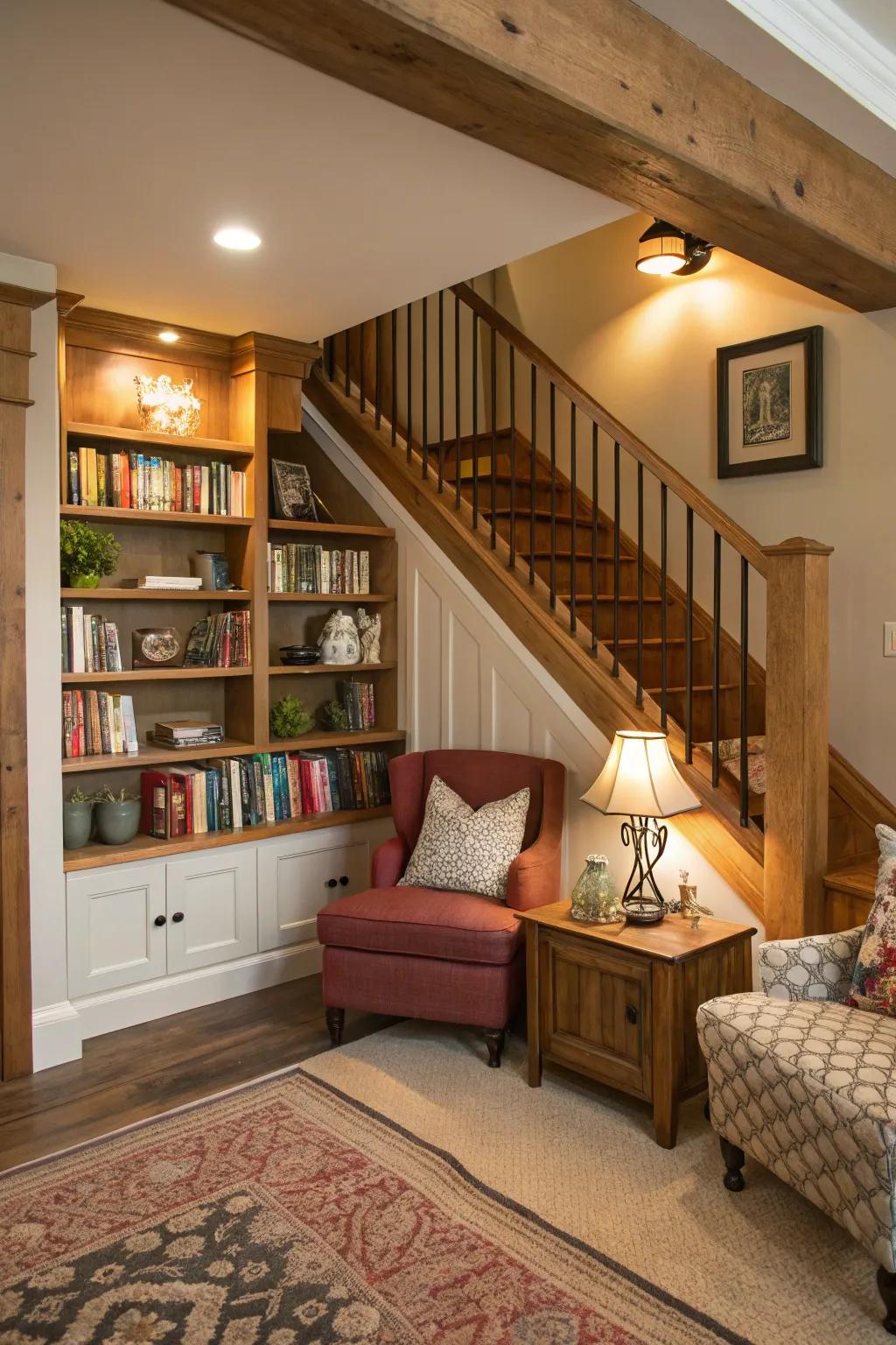 Design a unique reading corner beneath your staircase with custom bookshelves.