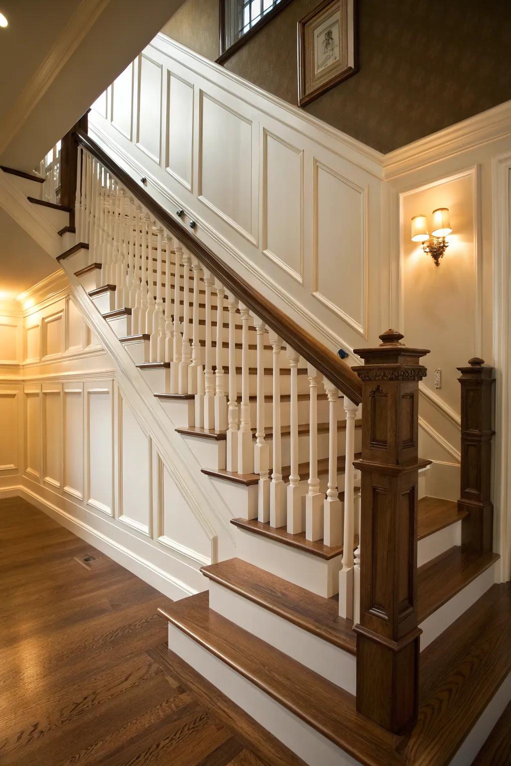 Classic wood paneling gives a never-fading elegance to any staircase.