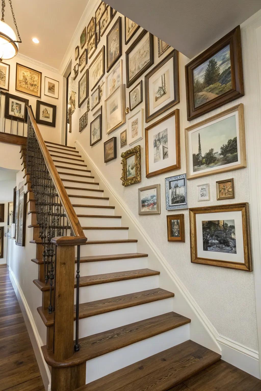 An assortment of frames forms an engaging gallery on the staircase.