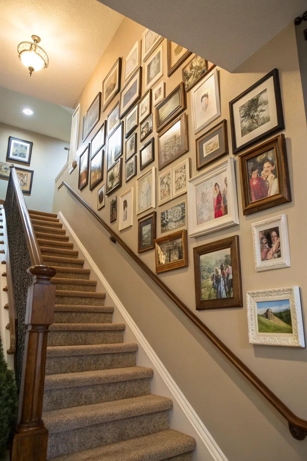 A personalized photo display beautifully enhances the stairwell.