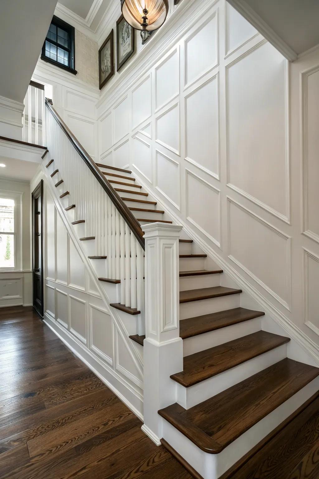 Traditional paneling enriches any stairwell with its sophistication and depth.