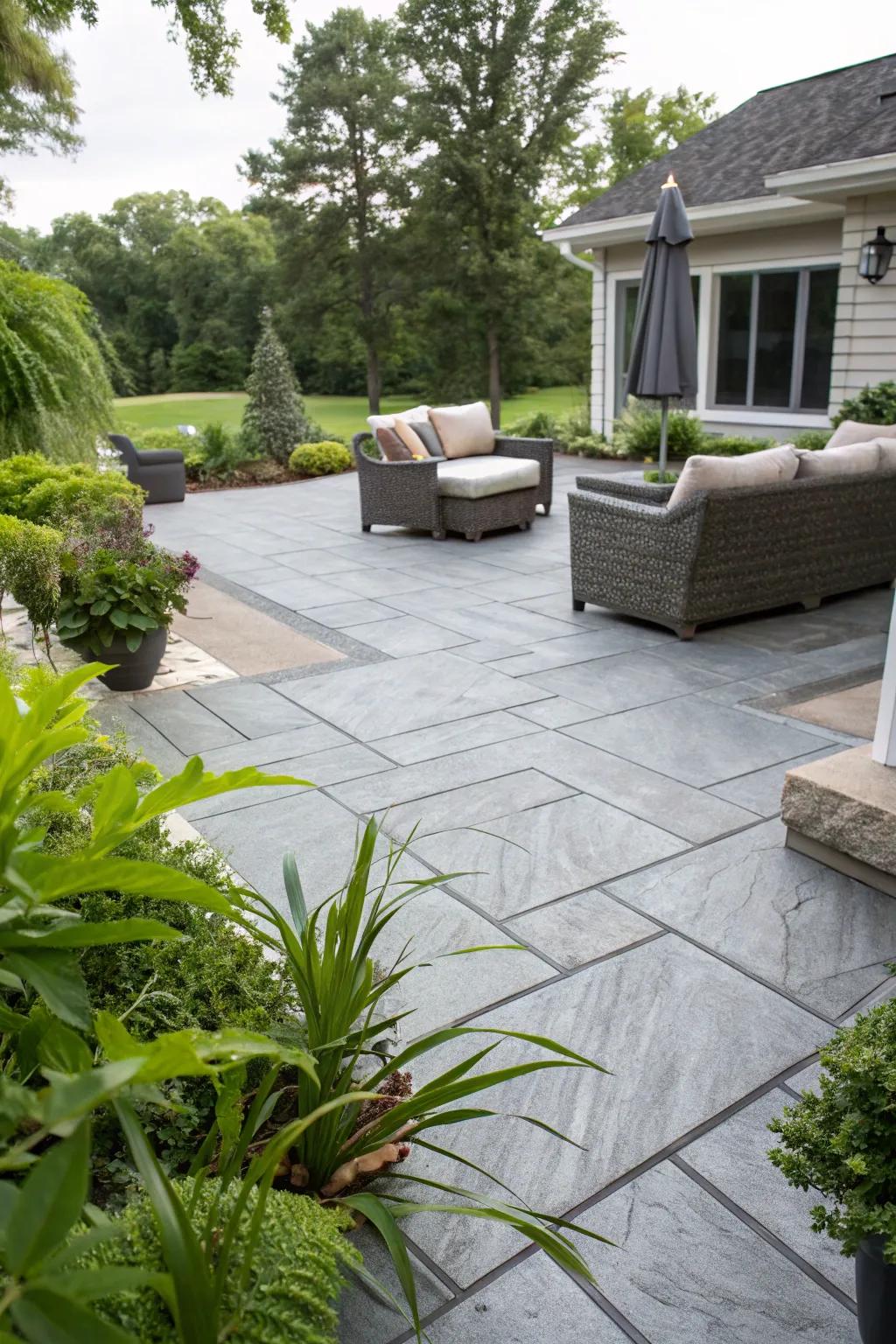 A gracefully gray stamped concrete patio epitomizing contemporary sophistication.