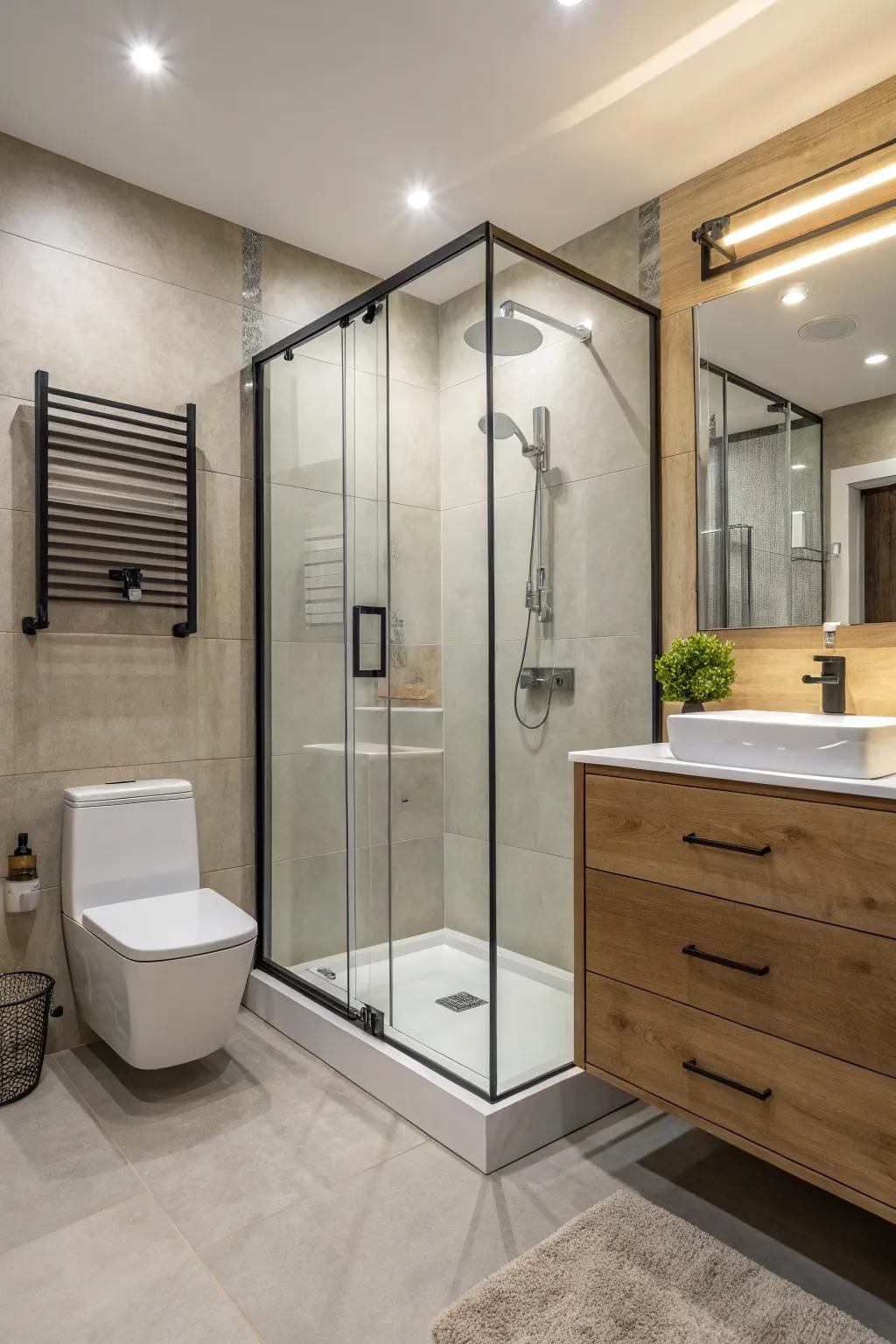 Glass walls provide a chic and modern appearance.