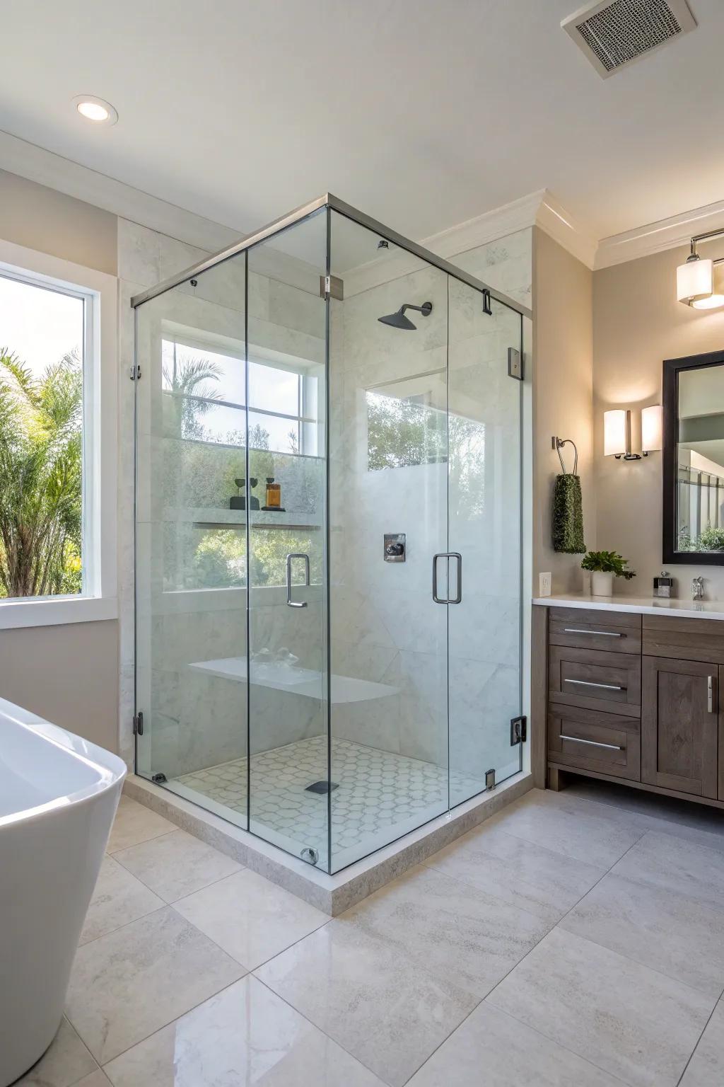 A sleek, frameless glass shower enhancing the sense of space and elegance in a modern bathroom.