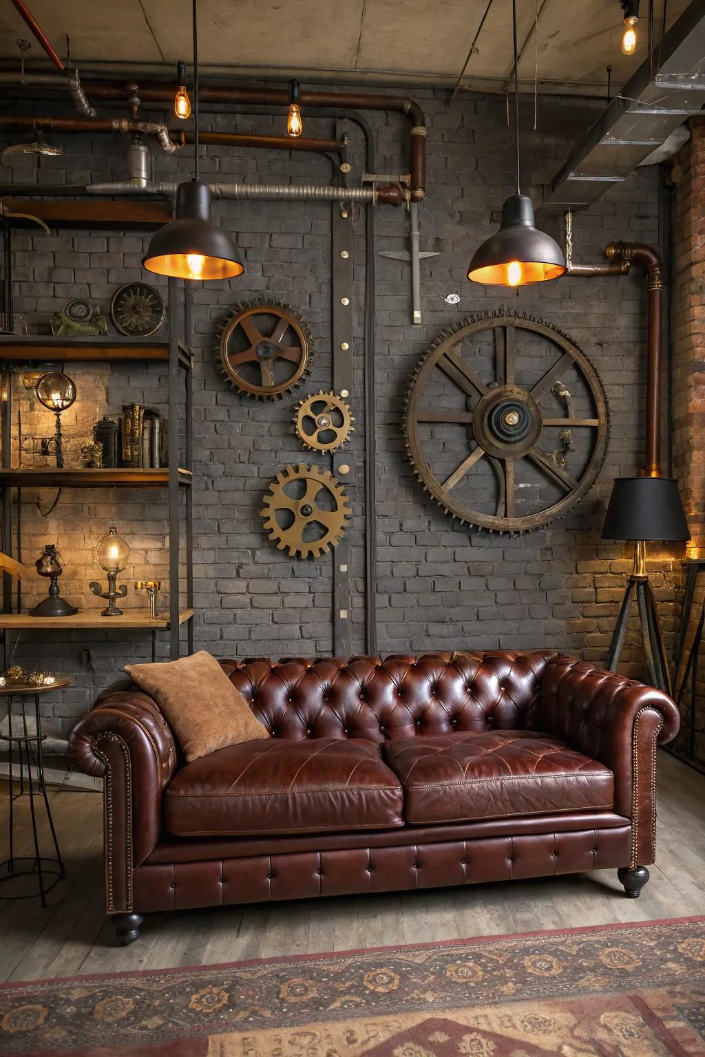 An exquisite Victorian leather couch claims its place as the heart of this steampunk-inspired living space.