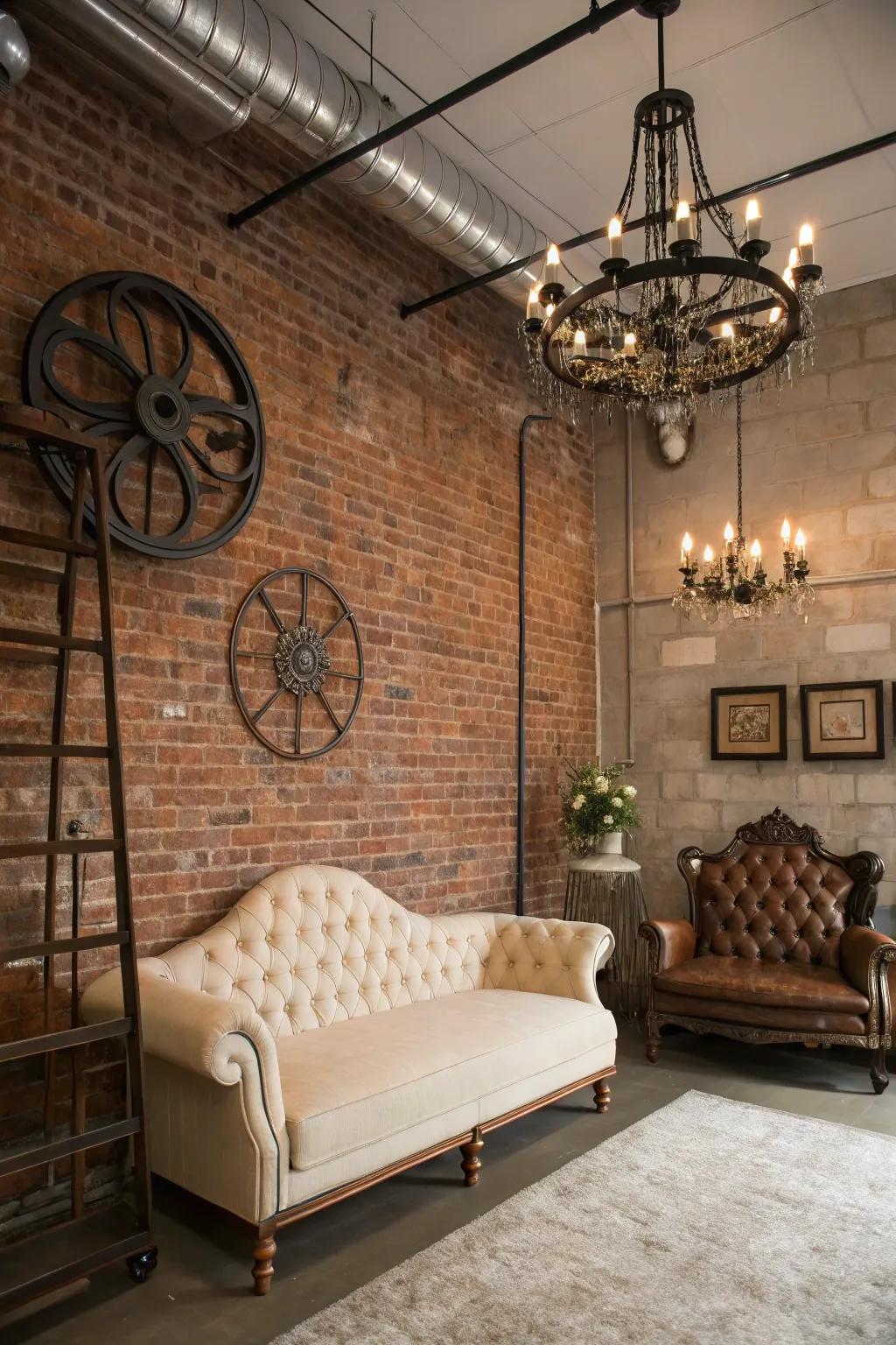 An exposed brick wall offers an ideal foundation for steampunk decorations.