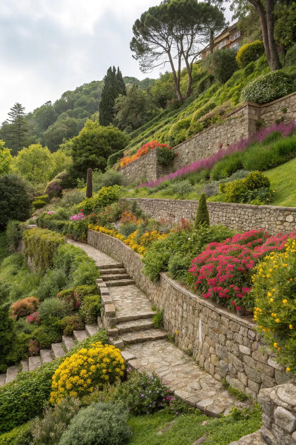 Terraces transform steep slopes into beautiful, manageable spaces.