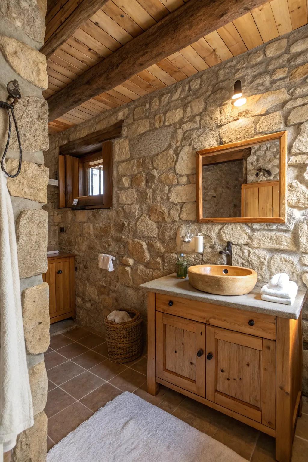 An earthy bathroom showcasing stone walls enhanced by inviting wood details.