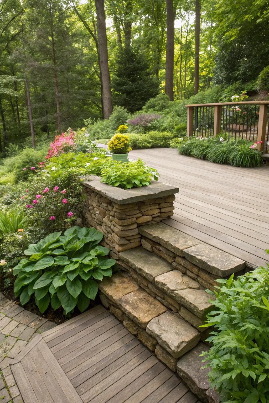 A deck amplified with classic stacked stone skirting, seamlessly syncing with the encompassing vegetation.