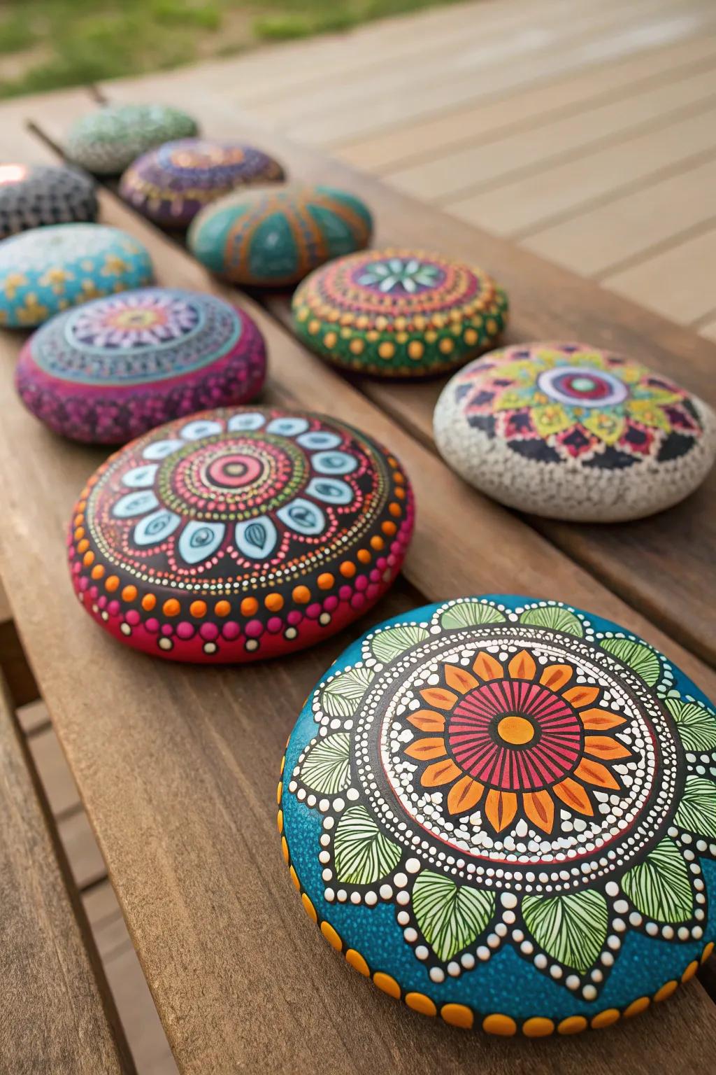 Radiant mandala stones introducing an explosion of color.