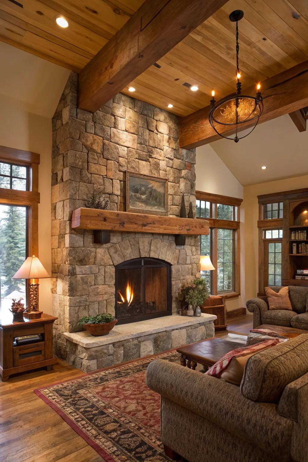 A rustic living area showcasing a stone fireplace with a repurposed wood timber mantel.