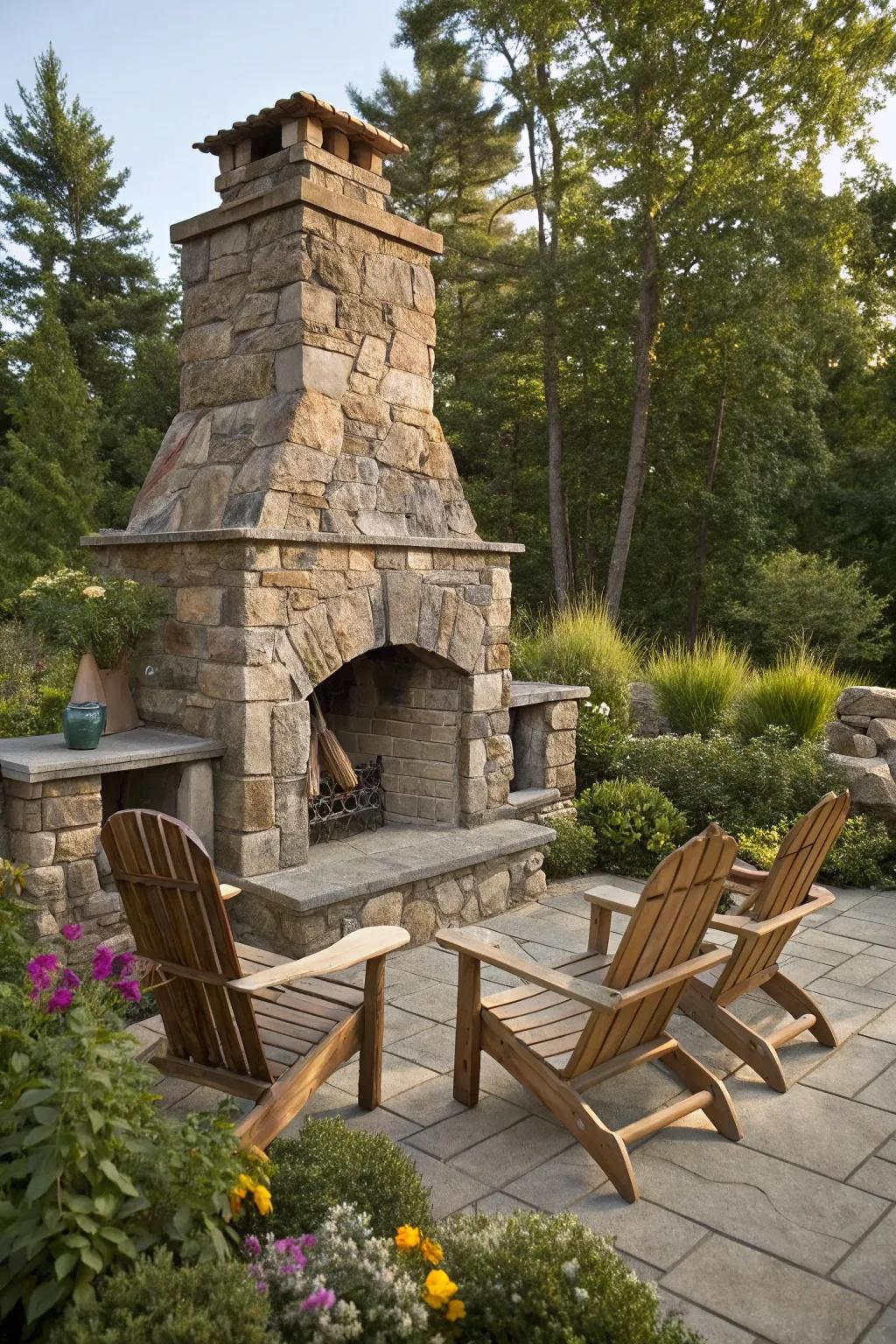A countryside sandstone fireplace that integrates smoothly with nature.