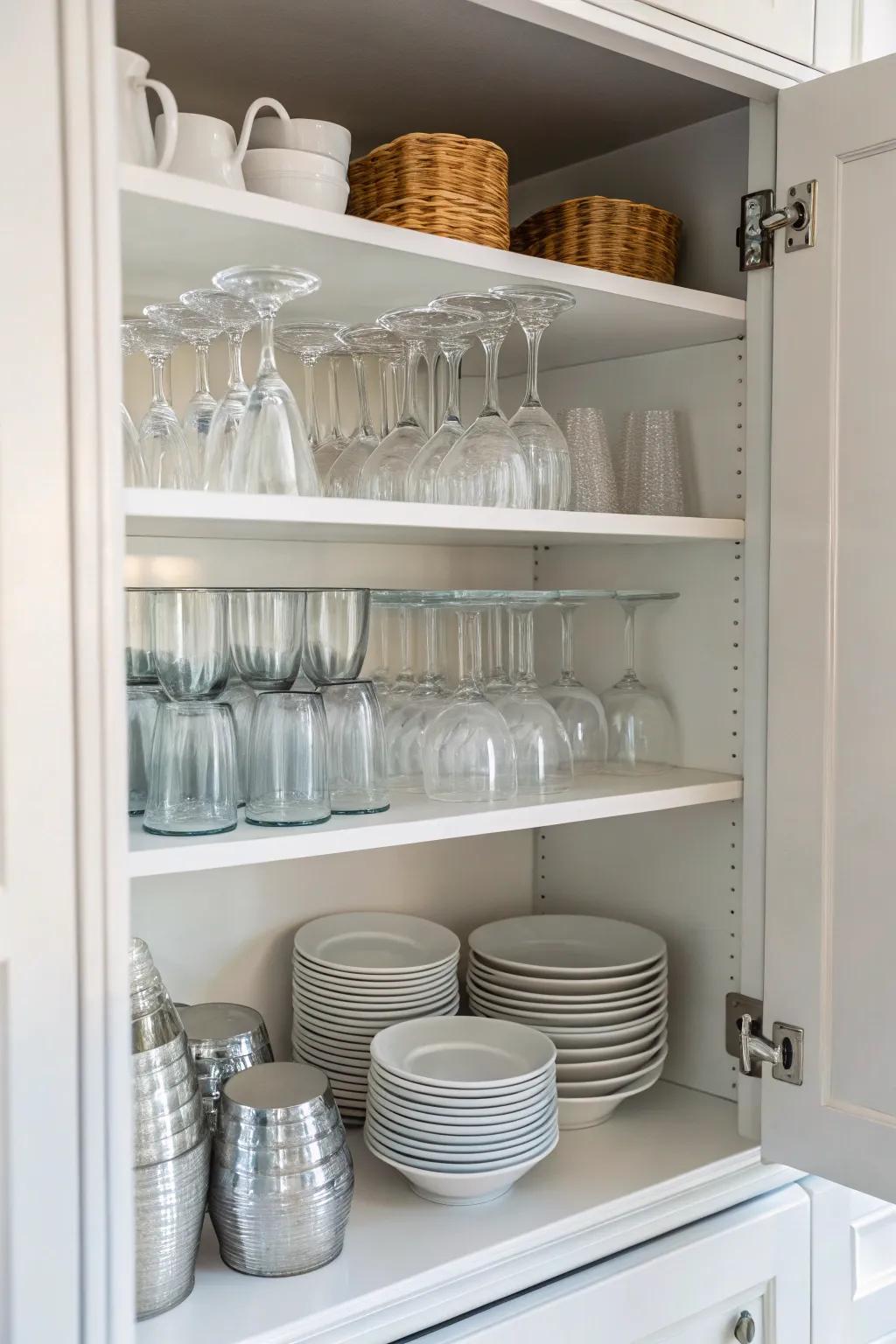 Cabinet storage provides neat organization and conceals your glasses.