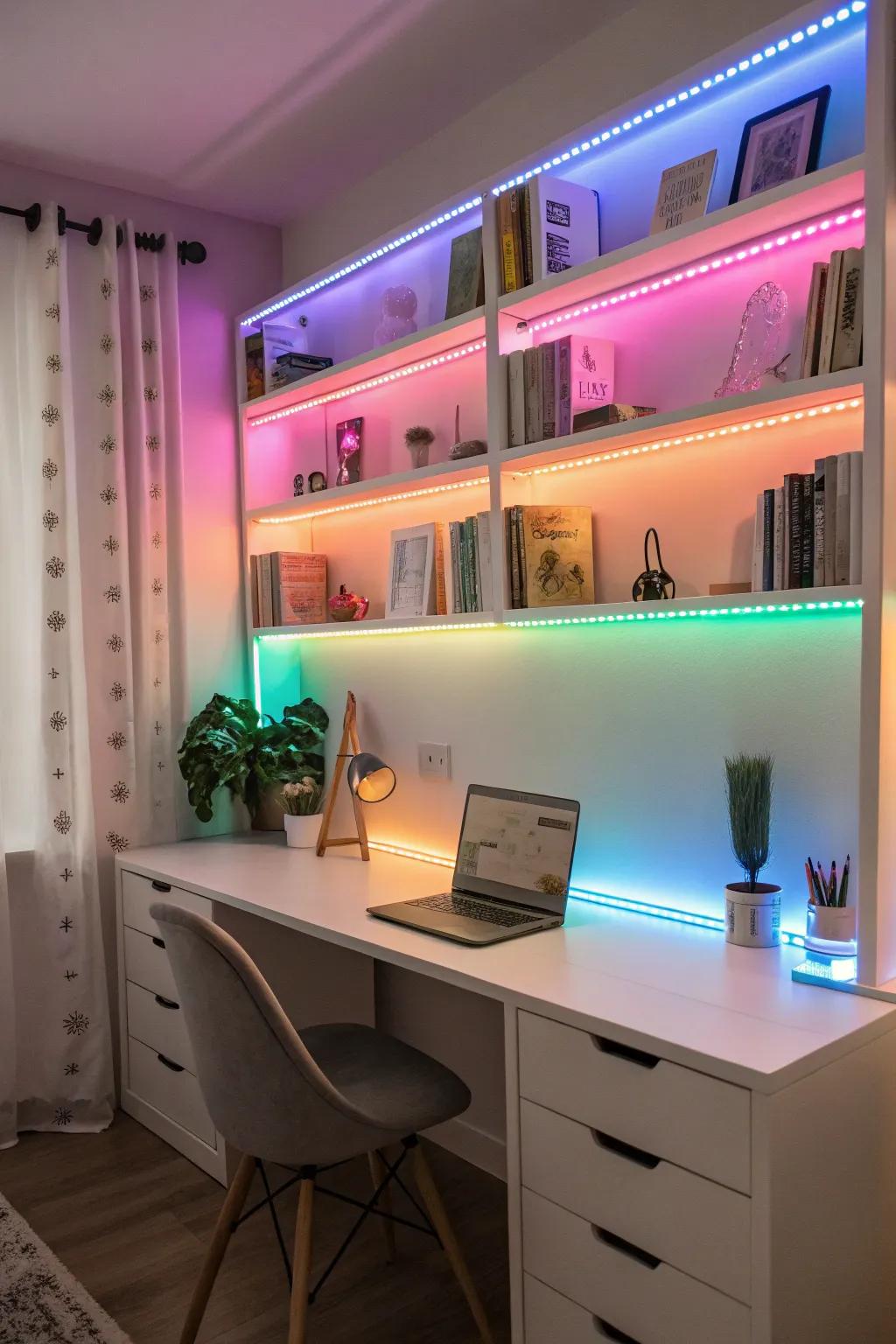 LED lighting transforms a room into a vibrant streaming setup.
