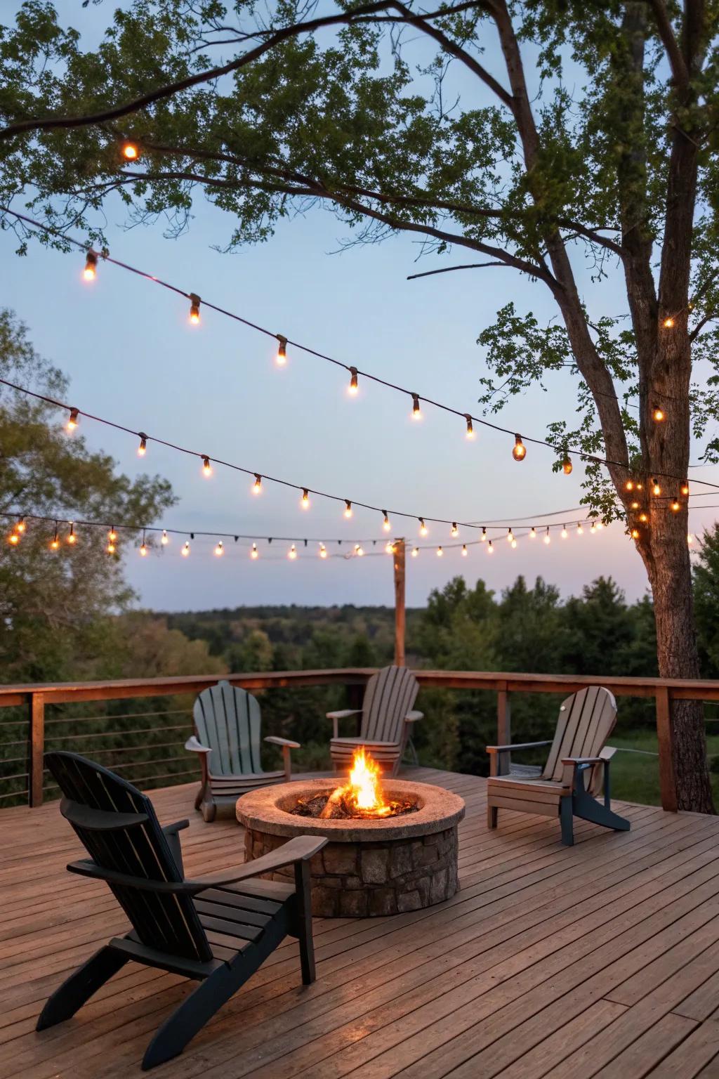String lights in a crisscross pattern create a festive atmosphere.