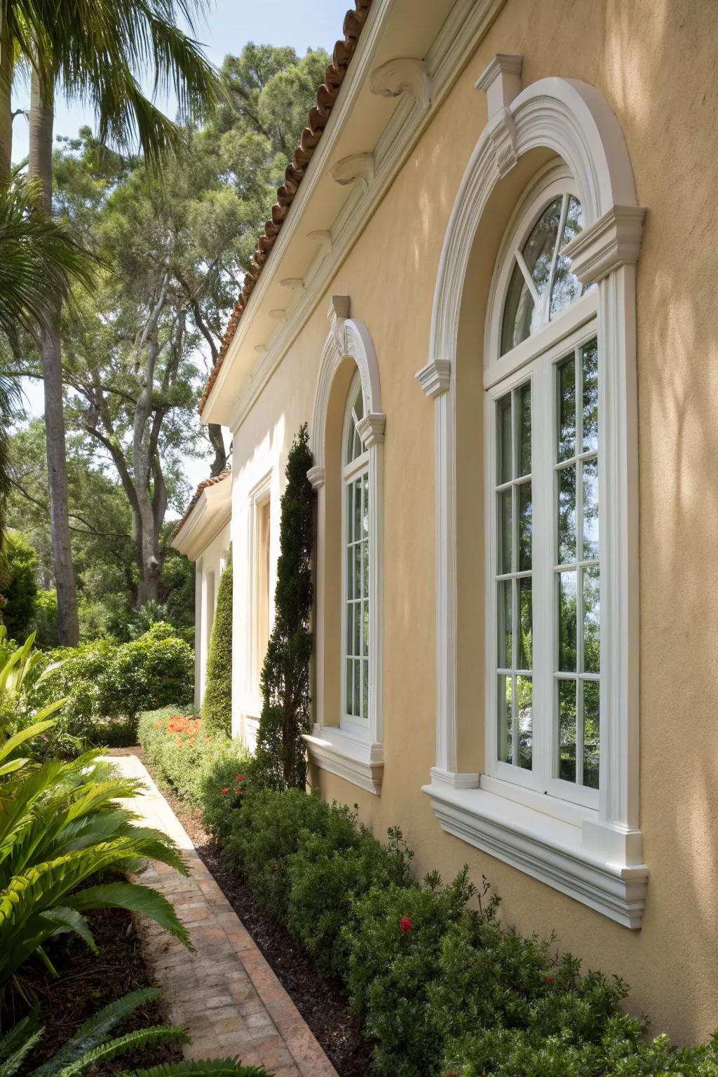 Classic off-white trims enhance the elegance of this Mediterranean-style stucco home.