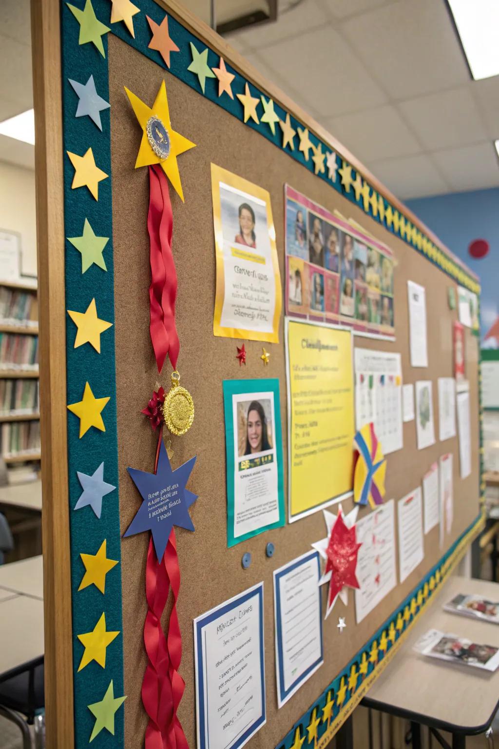 Showcasing achievements using radiant stars and ribbons.