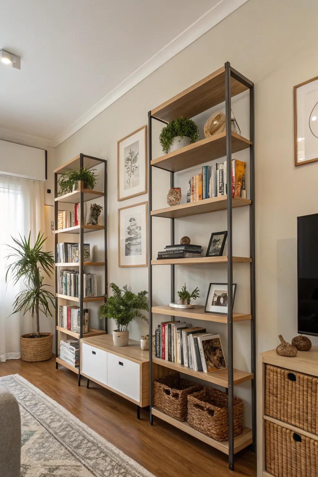 Tall shelves really capitalize on your vertical area, adding storage and panache.