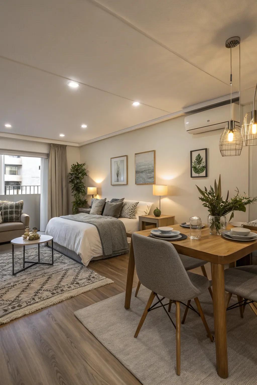 An open layout can make a studio apartment feel far more spacious.