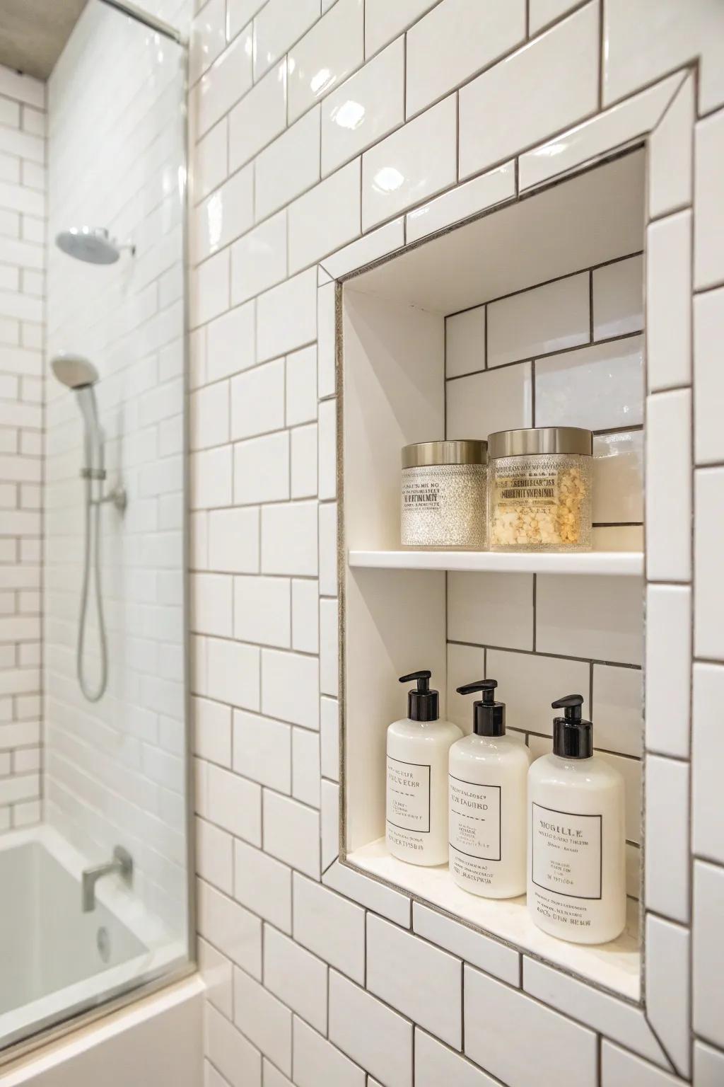 A classic shower niche framed with white subway tiles.