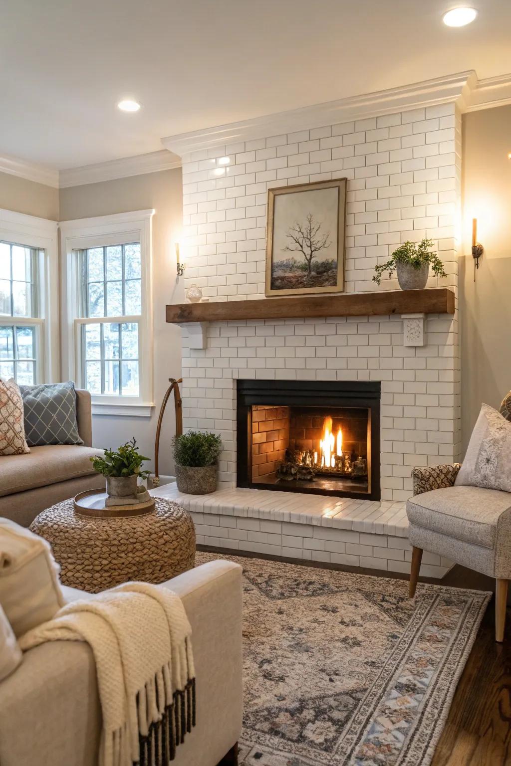 A classic white tile fireplace brings enduring elegance to any space.