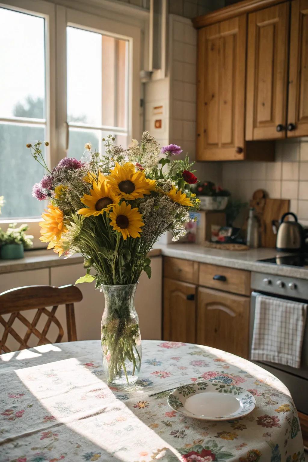 A bright selection of sunflowers and wildflowers enhances a cozy kitchen.