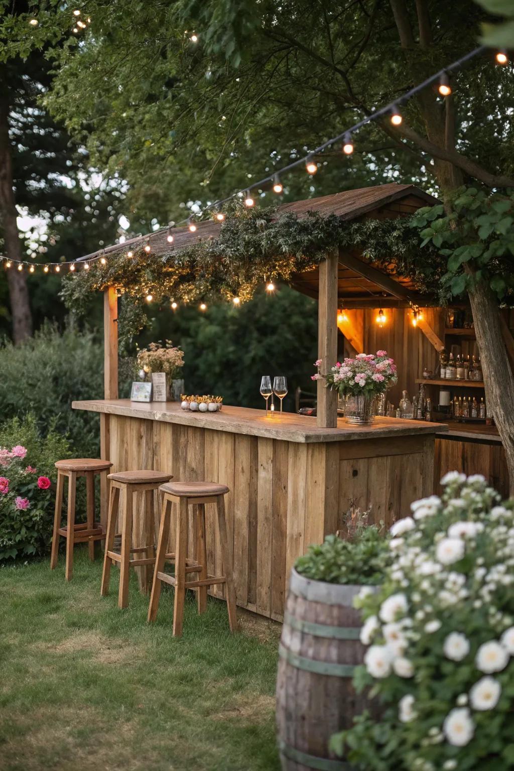 A rustic timber bar enhanced with twinkle lights creates a cozy and welcoming atmosphere.