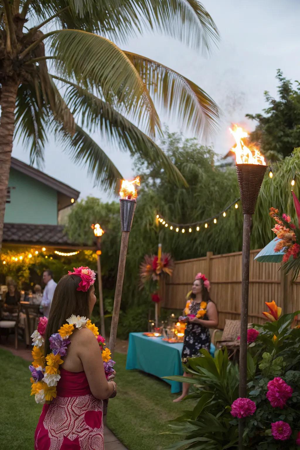 Guests immersed in an exotic tropical party, surrounded by glowing lights and floral garlands.