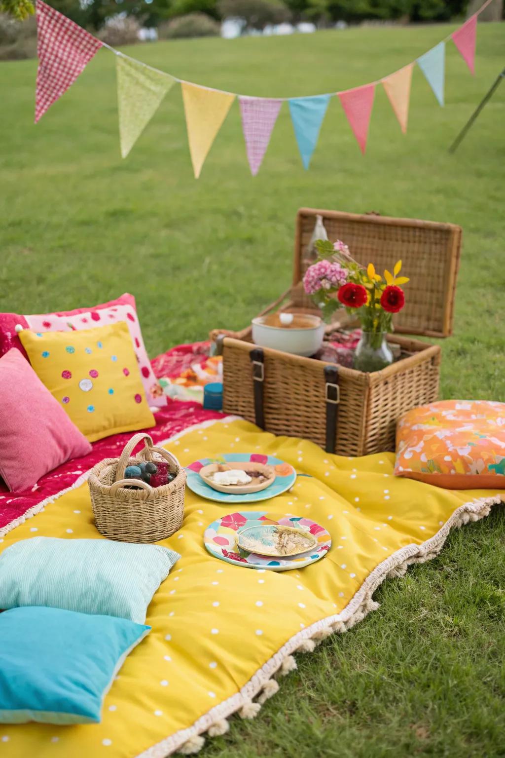 A picnic scene bursting with vibrant colors and cozy seating