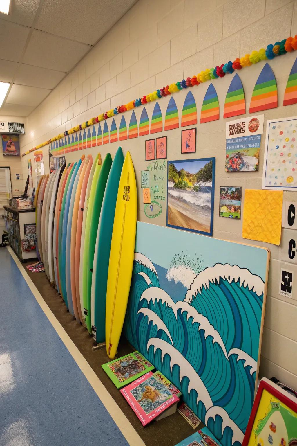 A surfboard-themed bulletin board bringing beach vibes to the classroom.