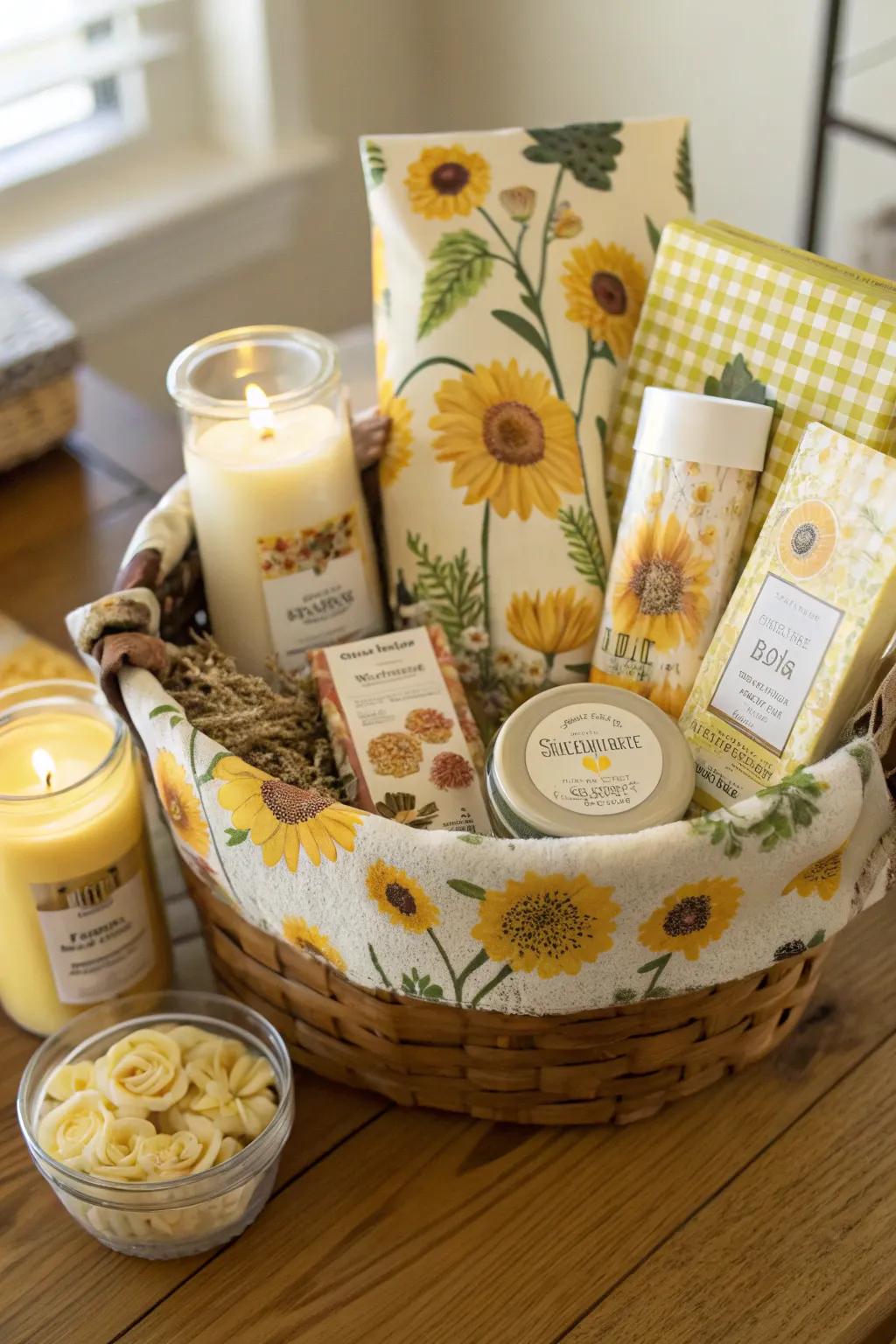 Sunflower gift basket packed with thoughtful items.