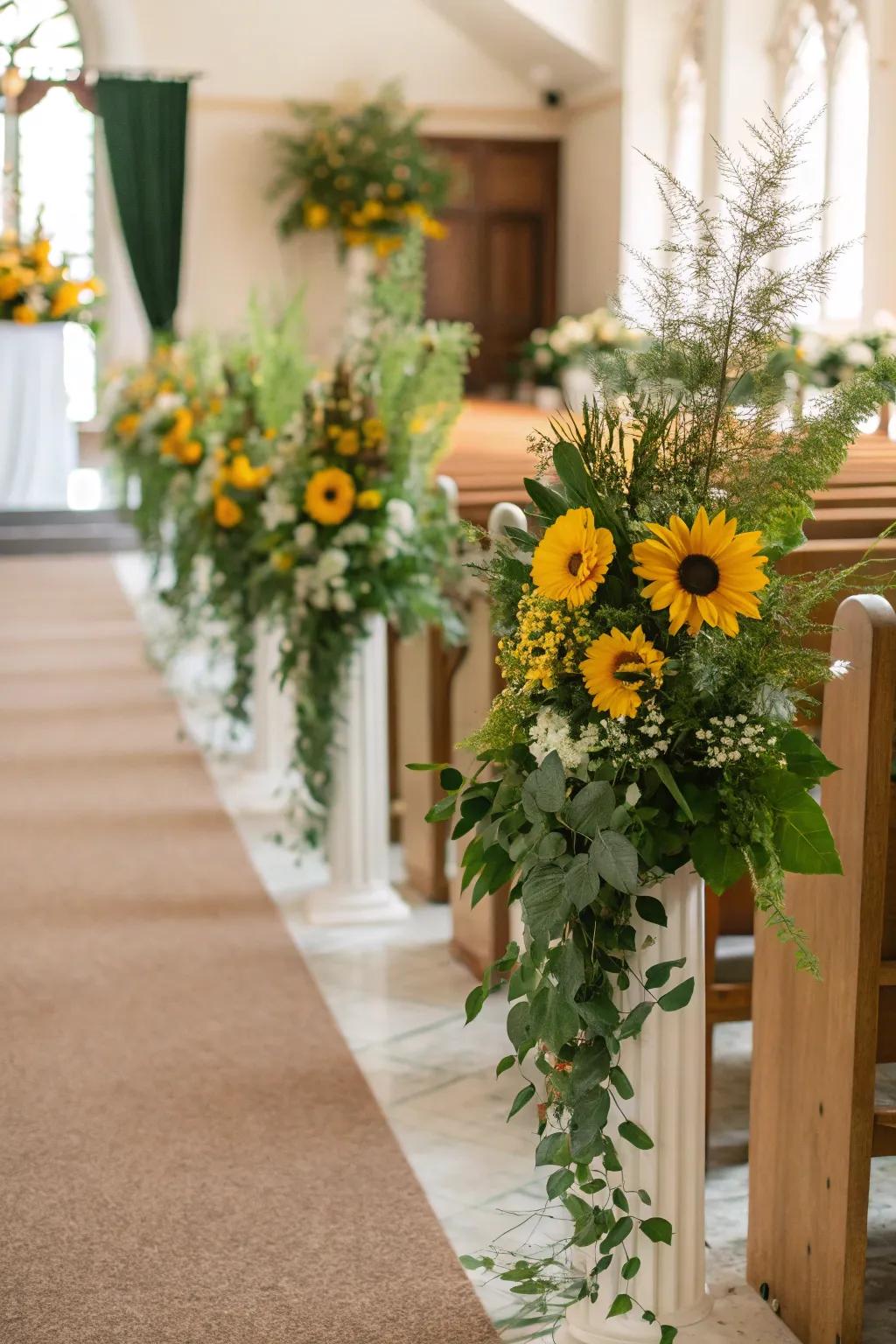 A wedding aisle exquisitely embellished with golden blooms and verdure.