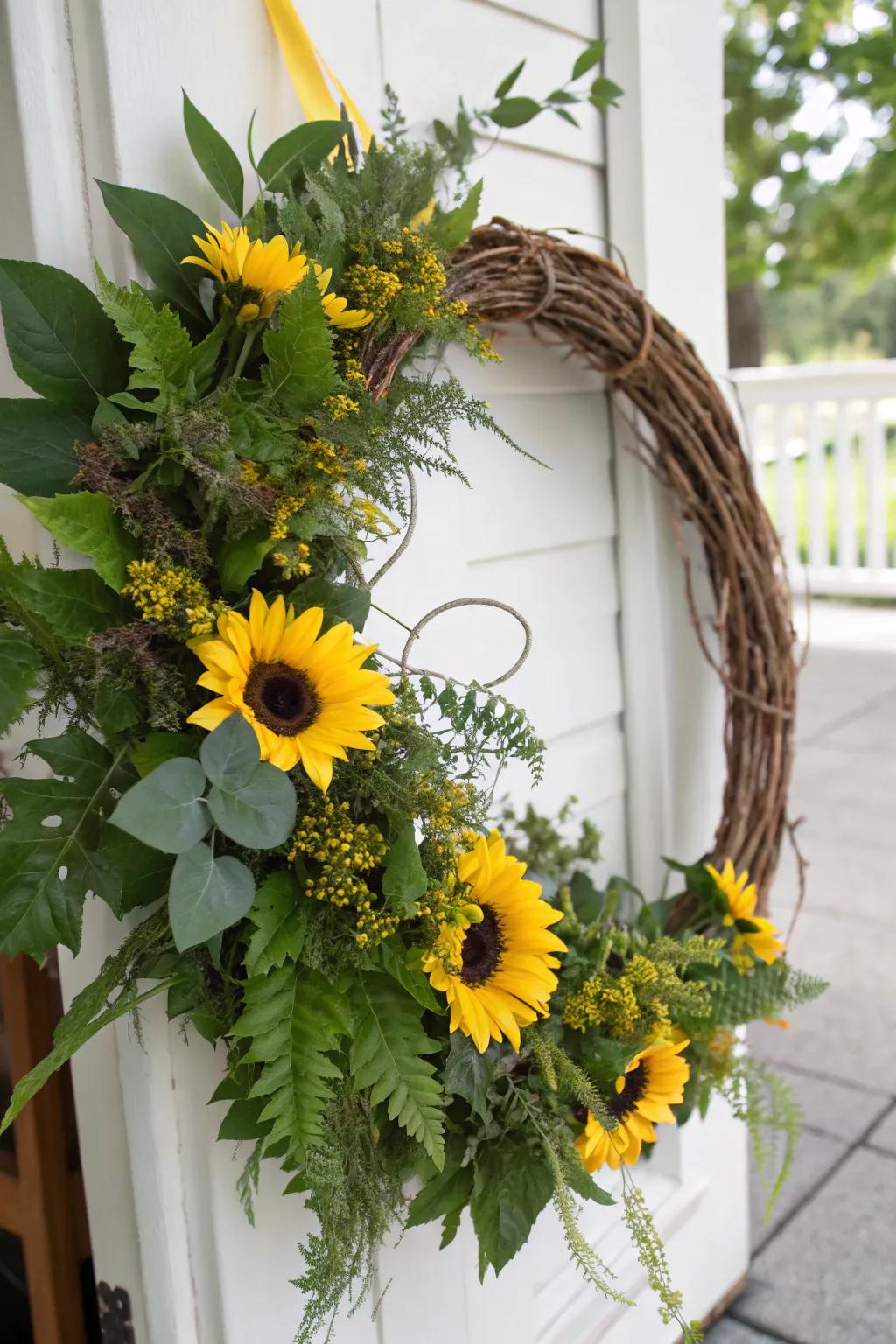 An ageless grapevine sunflower wreath, ideal for injecting warmth into any season.