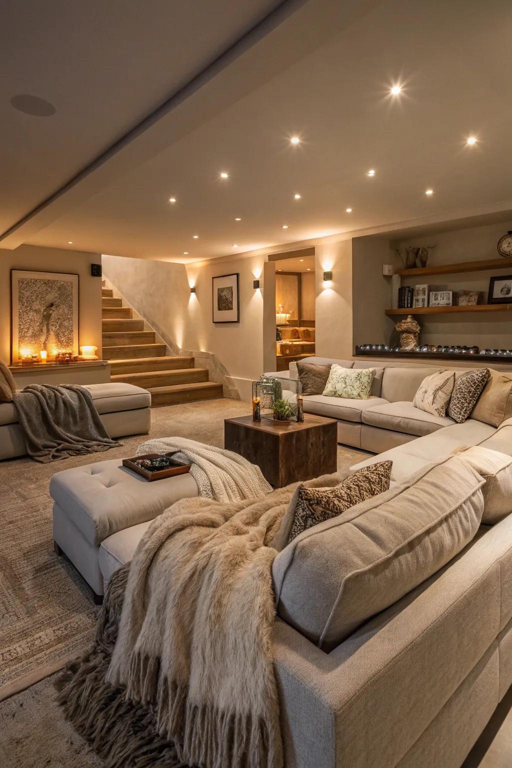 A sunken living room showcasing plush sofas and delicate throws.