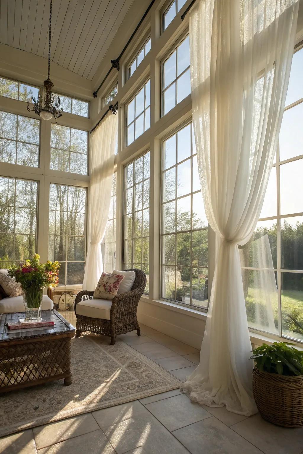 Ethereal curtains allow sunlight to bathe the room, showcasing its inherent beauty.
