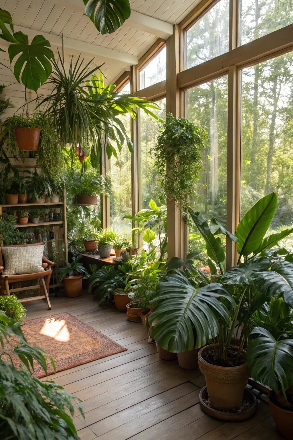 A sunroom has been turned into a vibrant, verdant retreat.