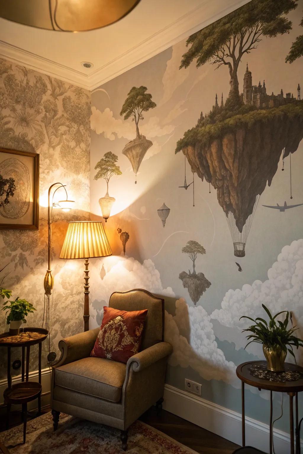 A family room showcasing a surreal wallpaper featuring isles adrift in the sky.
