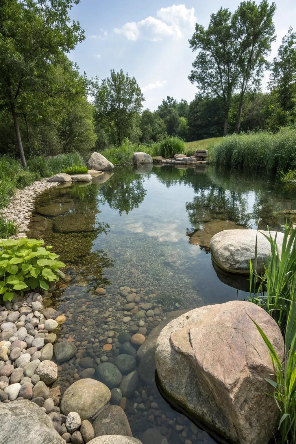 Stones and pebbles create an unspoiled and fluid aesthetic, perfect for any swimming pond.