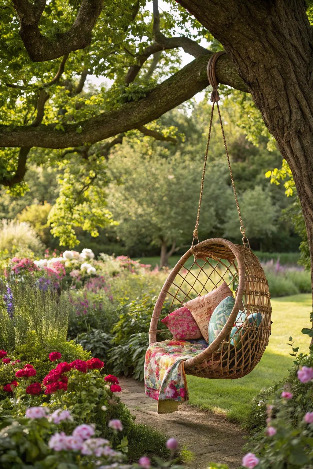 A bohemian willow basket chair enhances the appeal of this garden retreat.