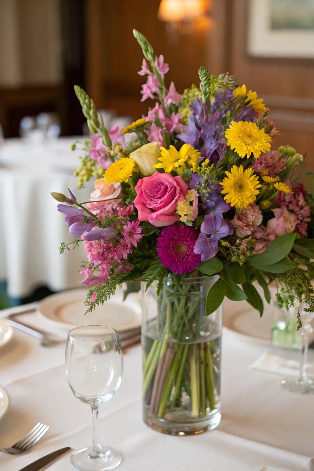A vibrant floral display brightening up the dining table.