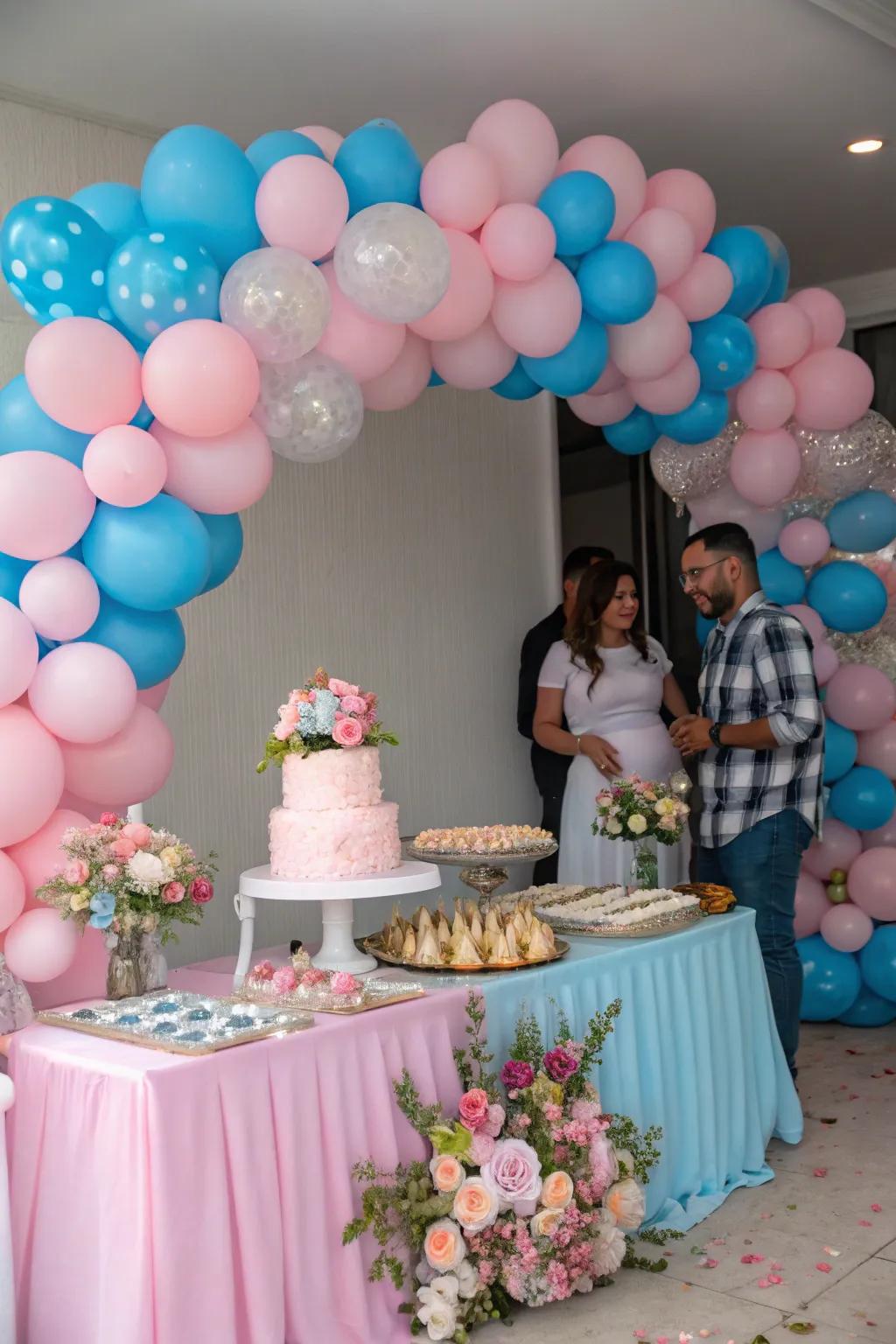 A vibrant balloon arch creating a festive atmosphere for your gender reveal celebration.