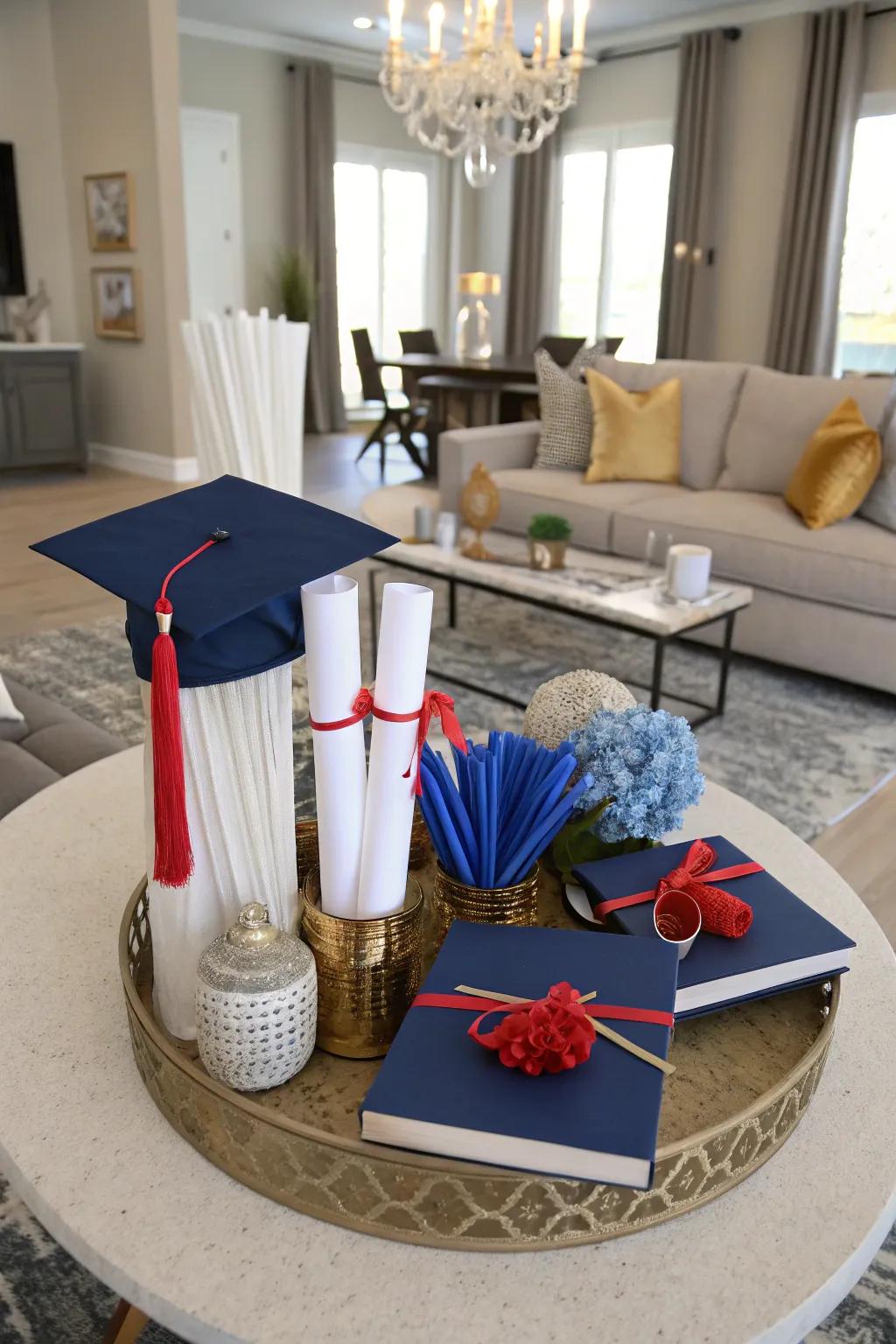 Elegant centerpieces with school colors and mini diplomas add a festive touch.