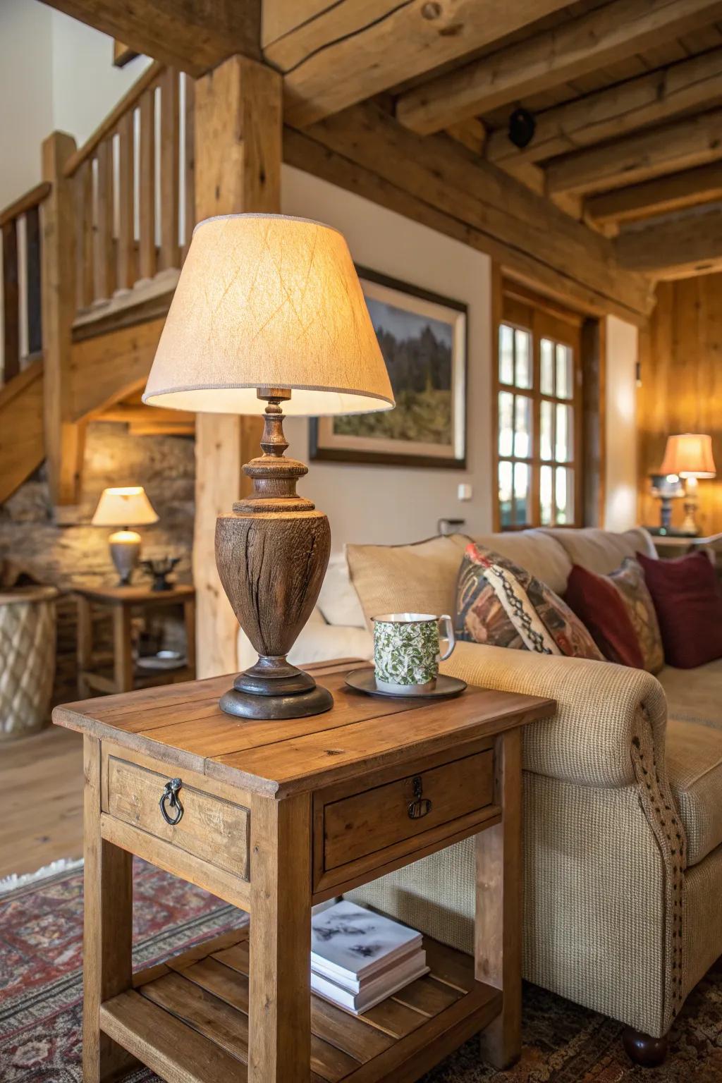 A wooden table lamp exudes rustic charm in a cozy living room.