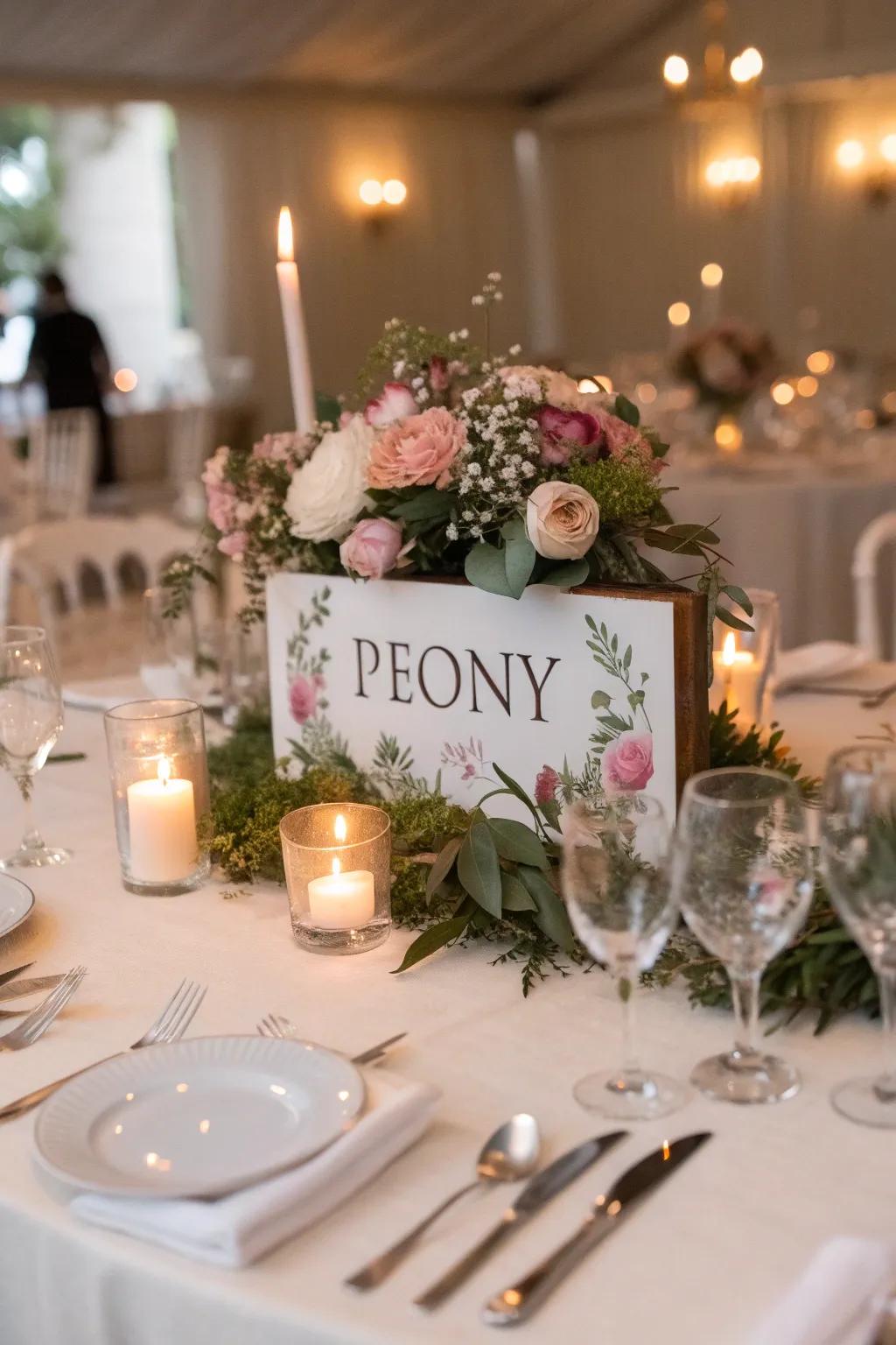 Floral-themed table names orchestrate a romantic tableau.
