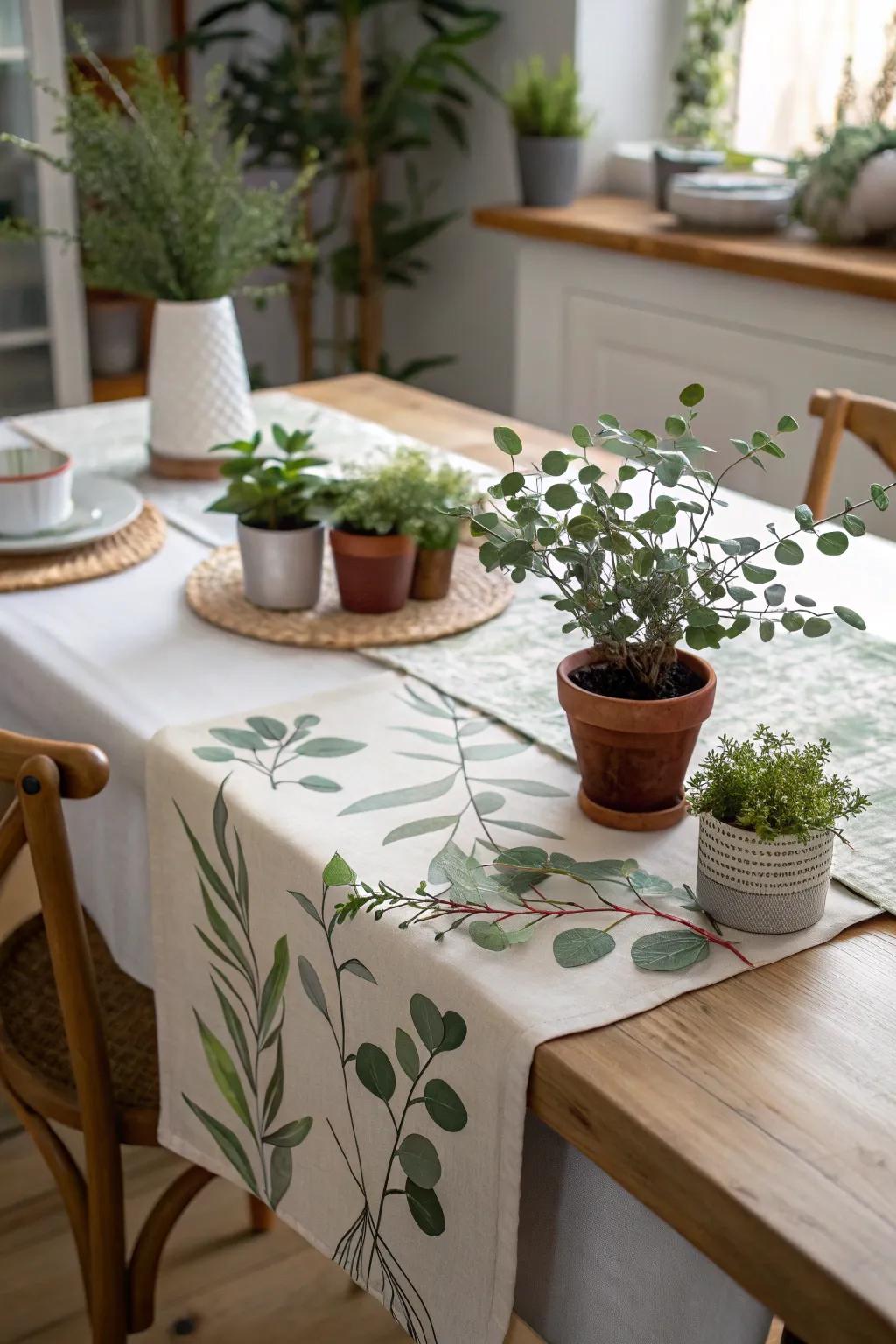 Table runner inspired by nature, featuring lush greenery for a revitalizing dining experience.